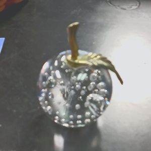 Vintage  lear Glass Apple Paper Weight with Brass Stem and Leaf